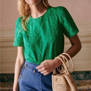 Sezane Green Eyelet Short Sleeve Blouse